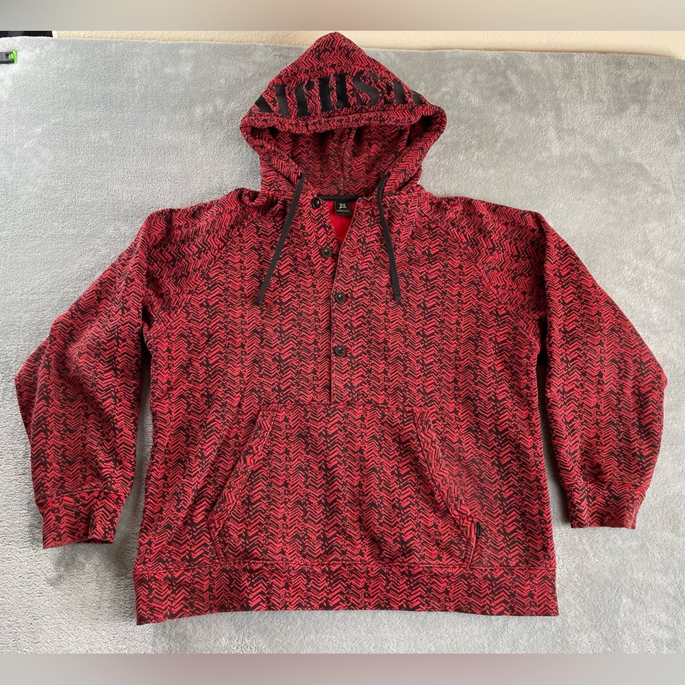Vintage 2000s Freshjive Hoodie Size L SHORT Henley AOP Pattern Red Black Wear